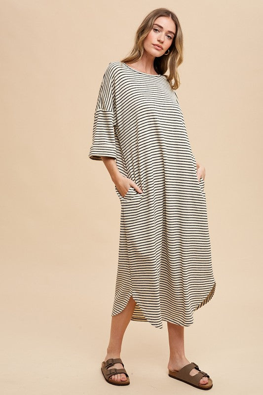 Annie Wear Striped Round Neck Terry Midi Dress