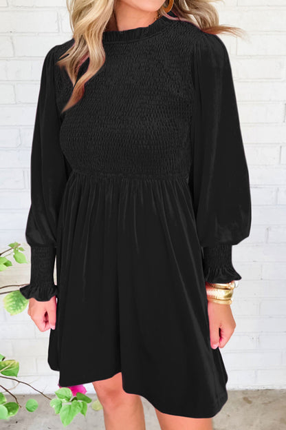 Smocked Round Neck Long Sleeve Dress