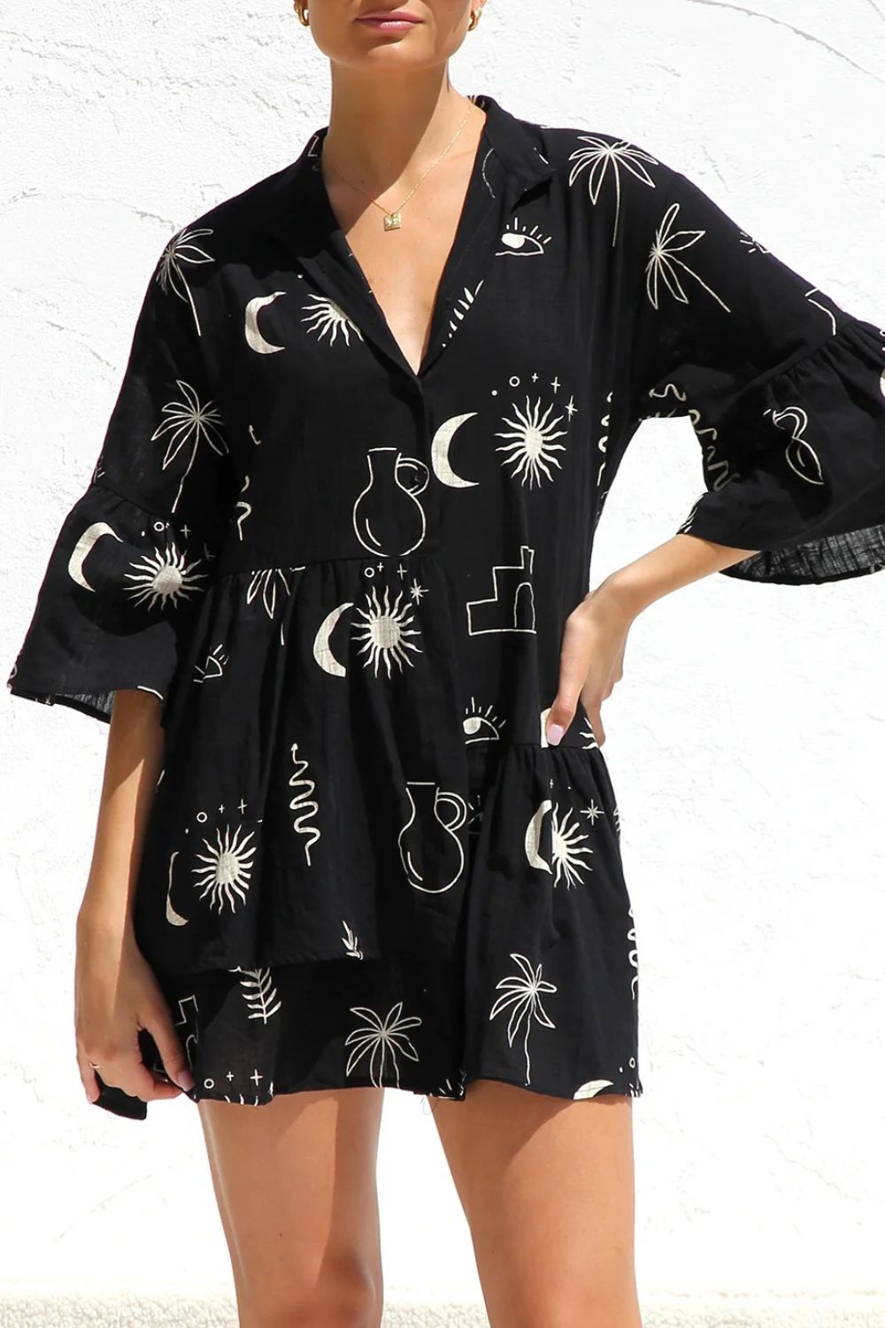 Ruched Printed Three-Quarter Sleeve Mini Dress