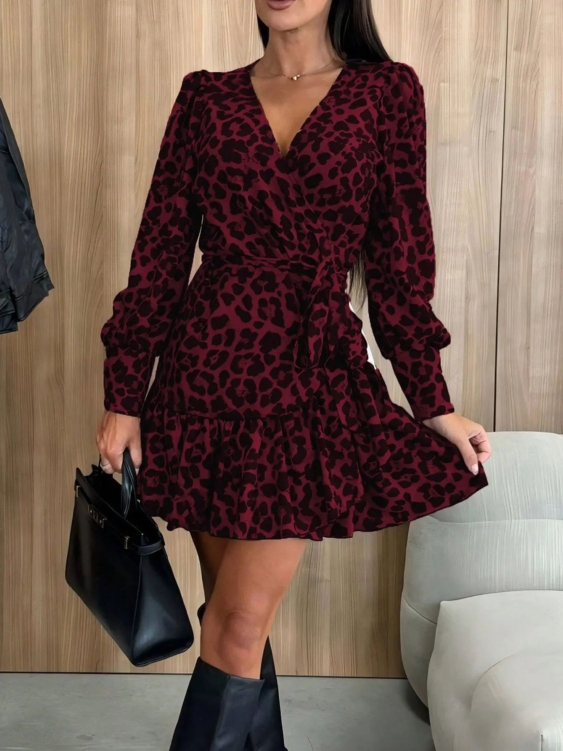 Tied Leopard Surplice Long Sleeve Dress