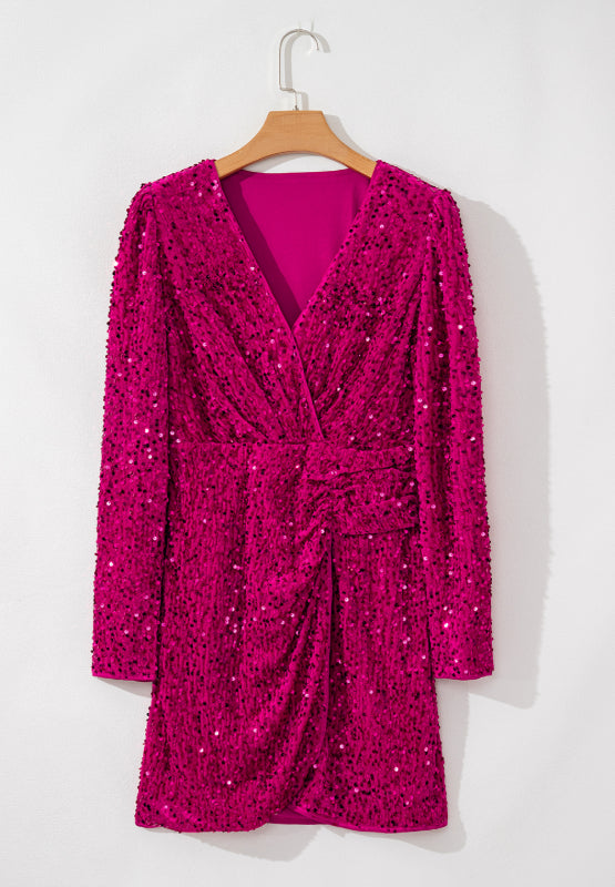 Sequin Surplice Long Sleeve Mini Dress