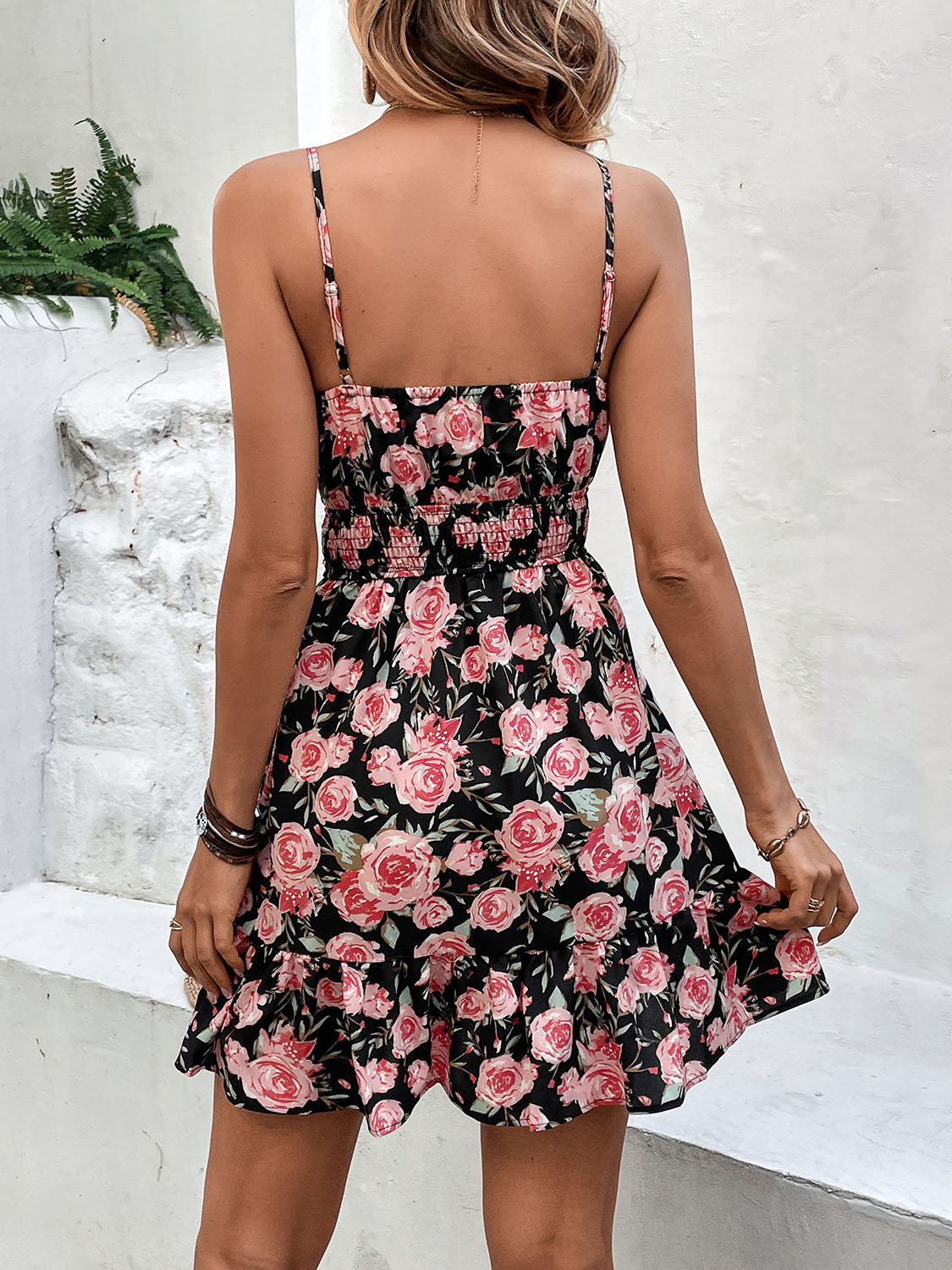 Perfee Tied Rose Print Spaghetti Strap Dress