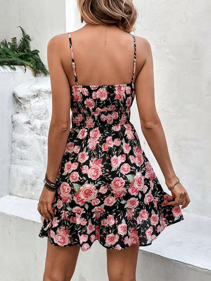 Perfee Tied Rose Print Spaghetti Strap Dress