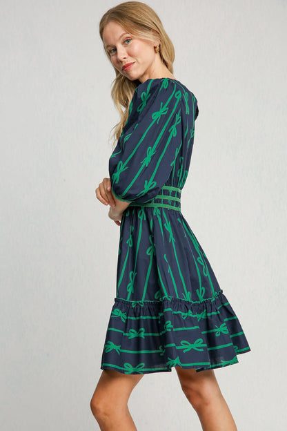 Umgee Ribbon Print Frill Contrast Velvet Trim Half Sleeve Dress