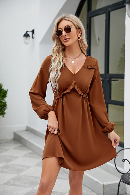 Frill Trim V-Neck Long Sleeve Dress