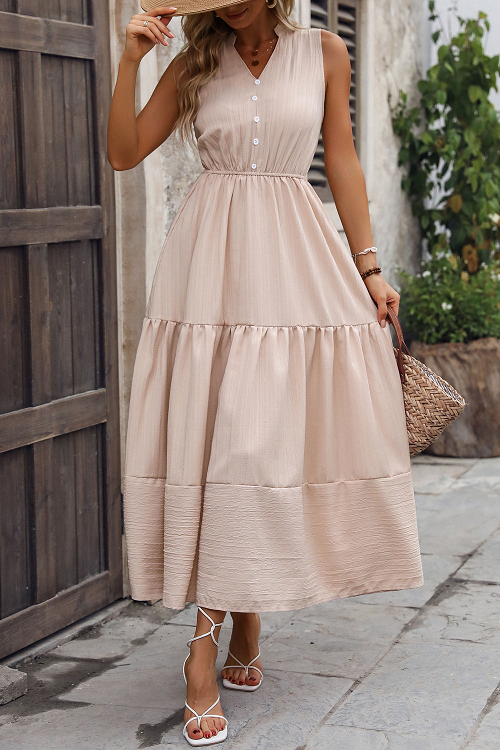 Perfee Decorative Button Notched Tiered Dress