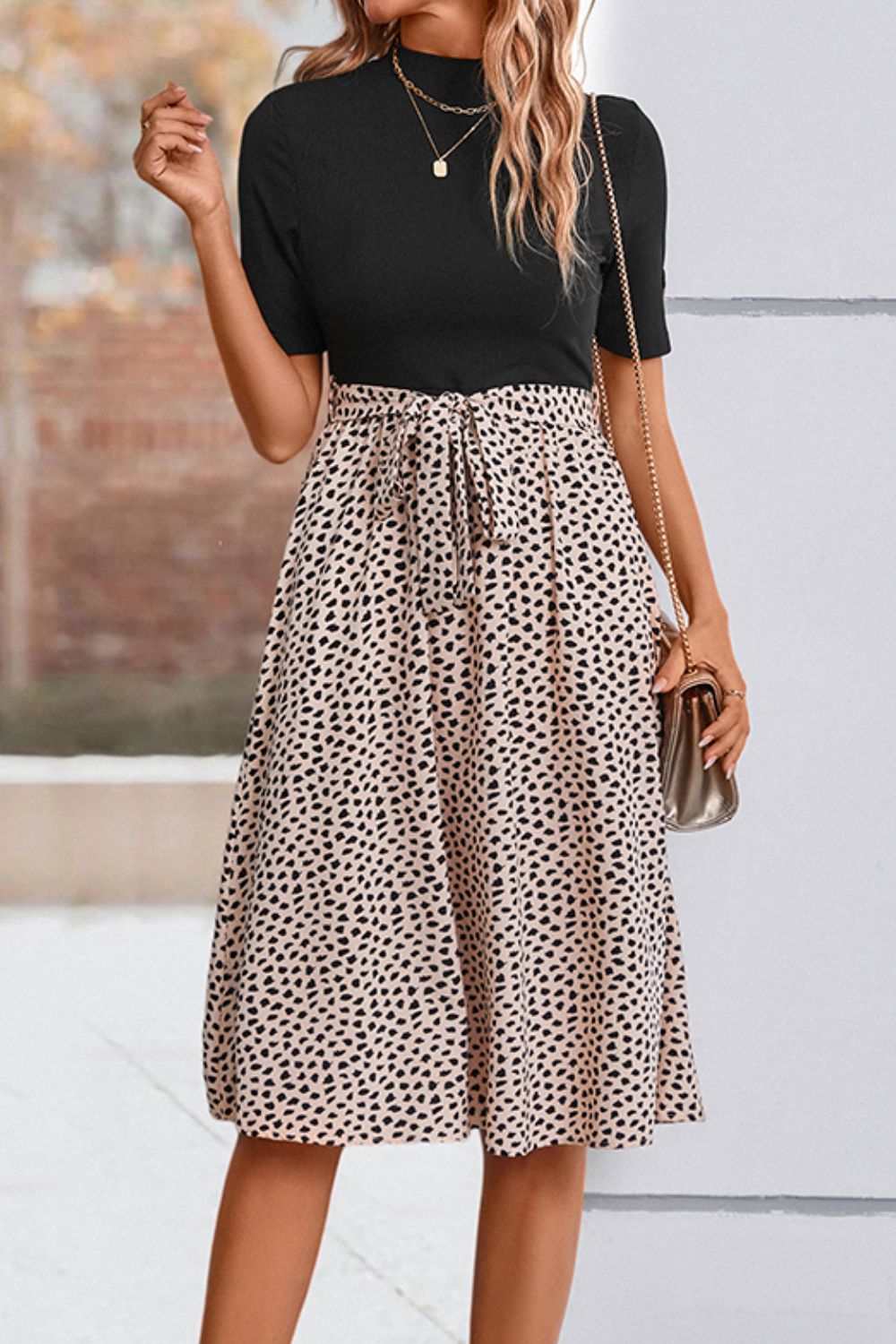 Perfee Printed Short Sleeve Belted Dress