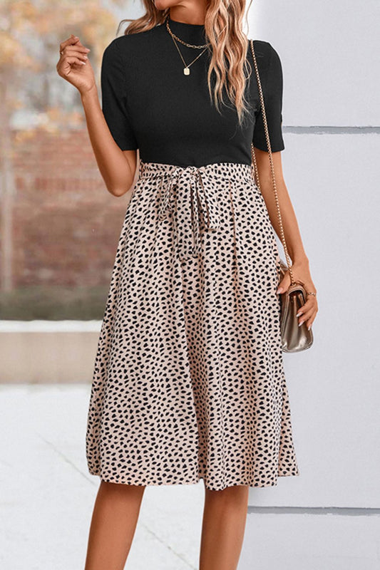 Perfee Printed Short Sleeve Belted Dress