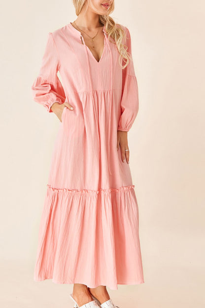 Frill Tiered Tie Neck Long Sleeve Dress