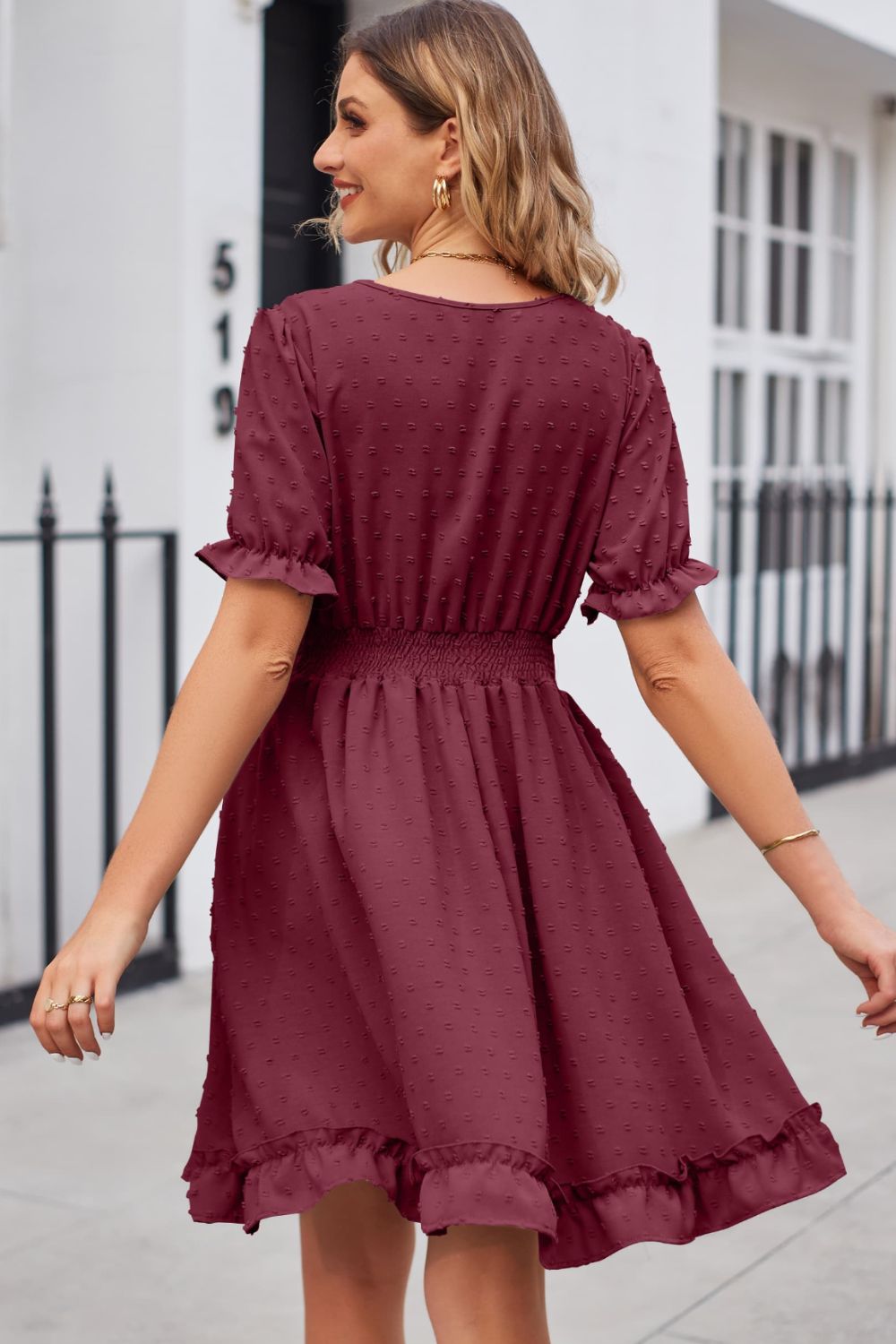 Swiss Dot Frill Trim Flounce Sleeve V-Neck Dress