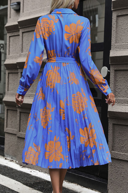 Perfee Floral Pleated Surplice Long Sleeve Midi Dress