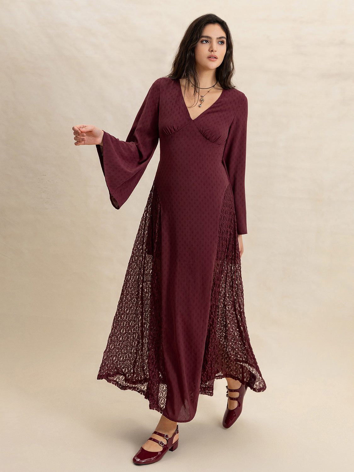 Lace Patchwork V-Neck Long Sleeve Midi Dress