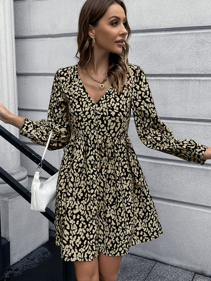 Ivy Lane Animal Print Buttoned V-Neck Long Sleeve Dress