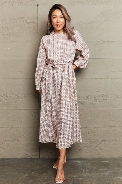 Perfee Printed Tie Waist Long Sleeve Dress