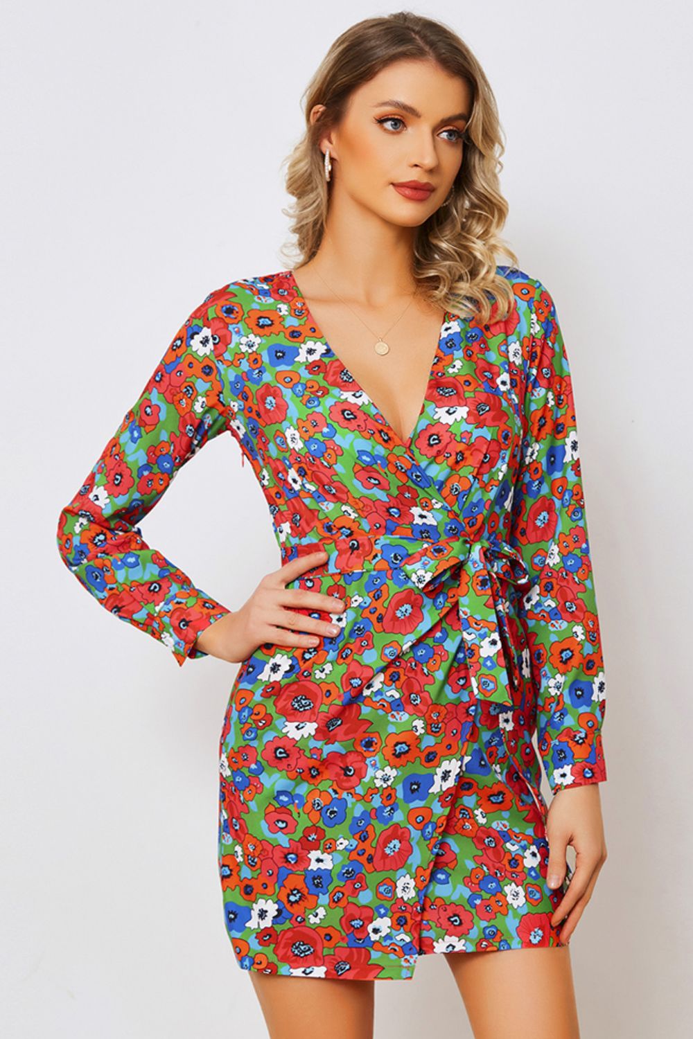 Floral Tied Long Sleeve Plunge Dress