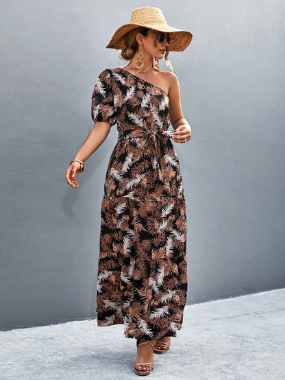 Printed Tie Waist One Shoulder Maxi Dress