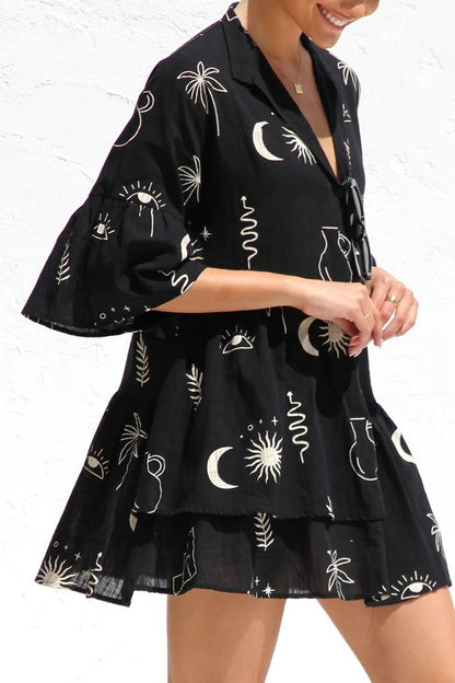 Ruched Printed Three-Quarter Sleeve Mini Dress