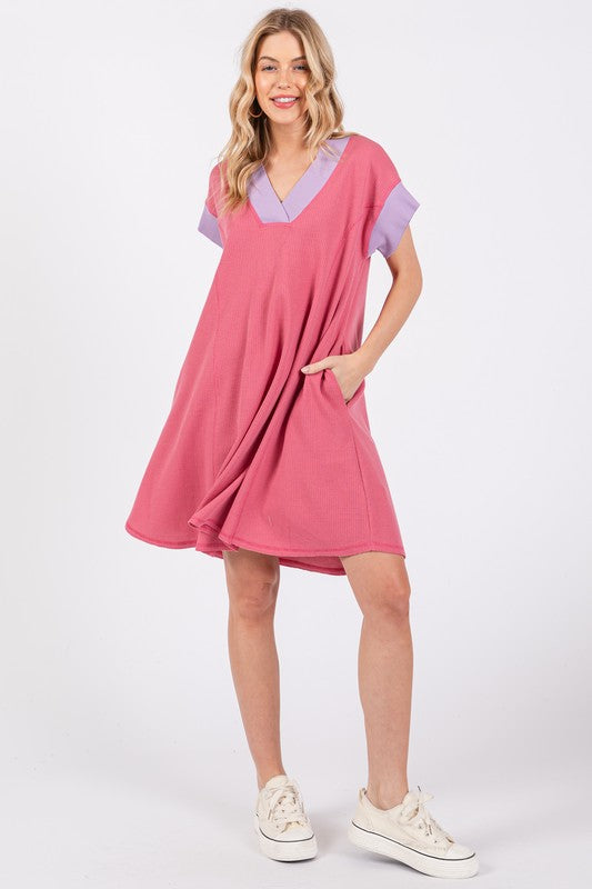 Ces Femme Contrast Trim V-Neck Short Sleeve Dress