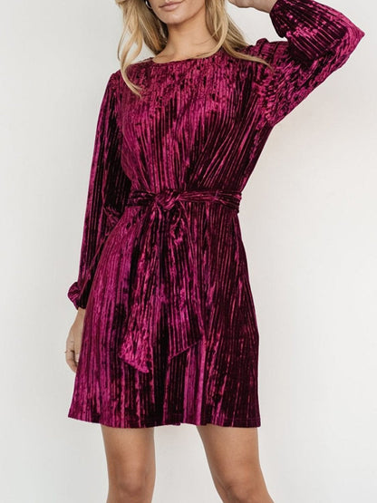 Velvet Round Neck Tie Waist Long Sleeve Mini Dress