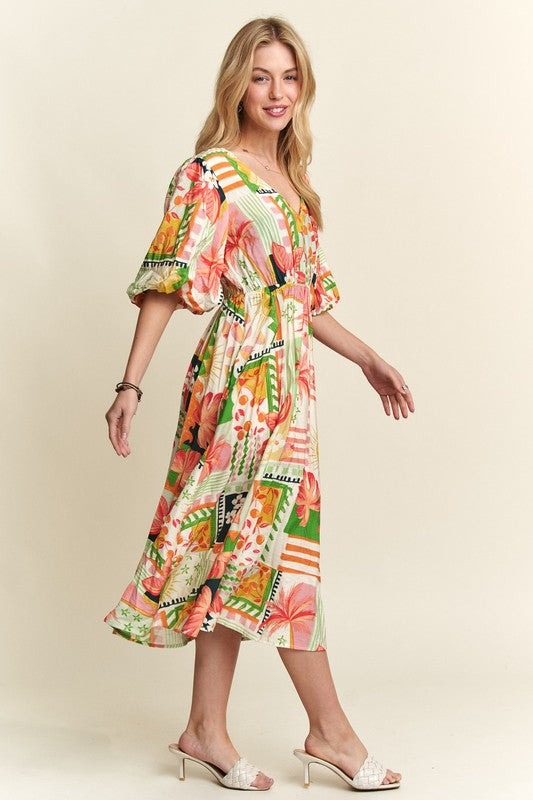 ADORA Floral V-Neck Puff Sleeve Midi Dress