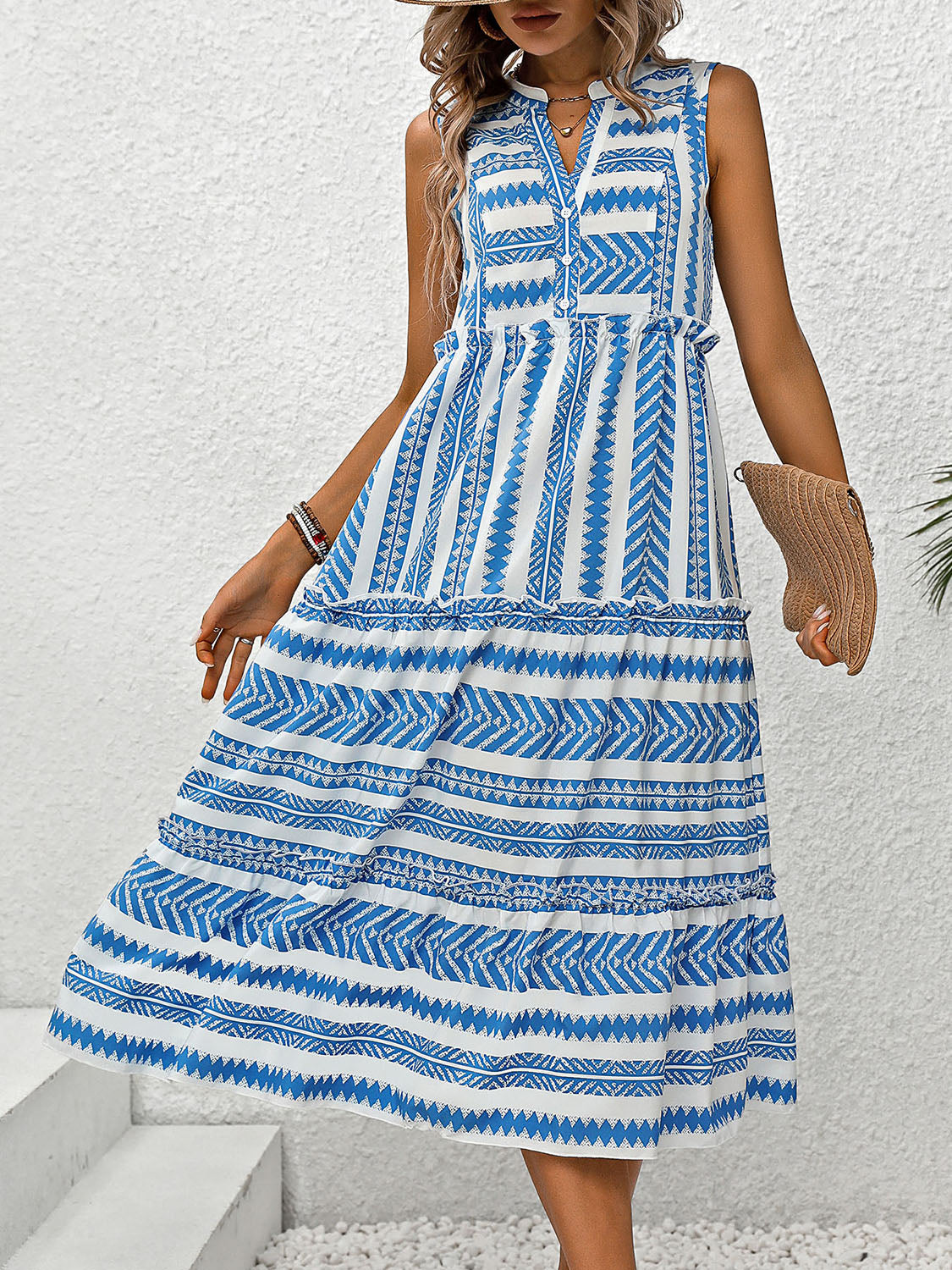 Perfee Frill Printed Notched Sleeveless Dress