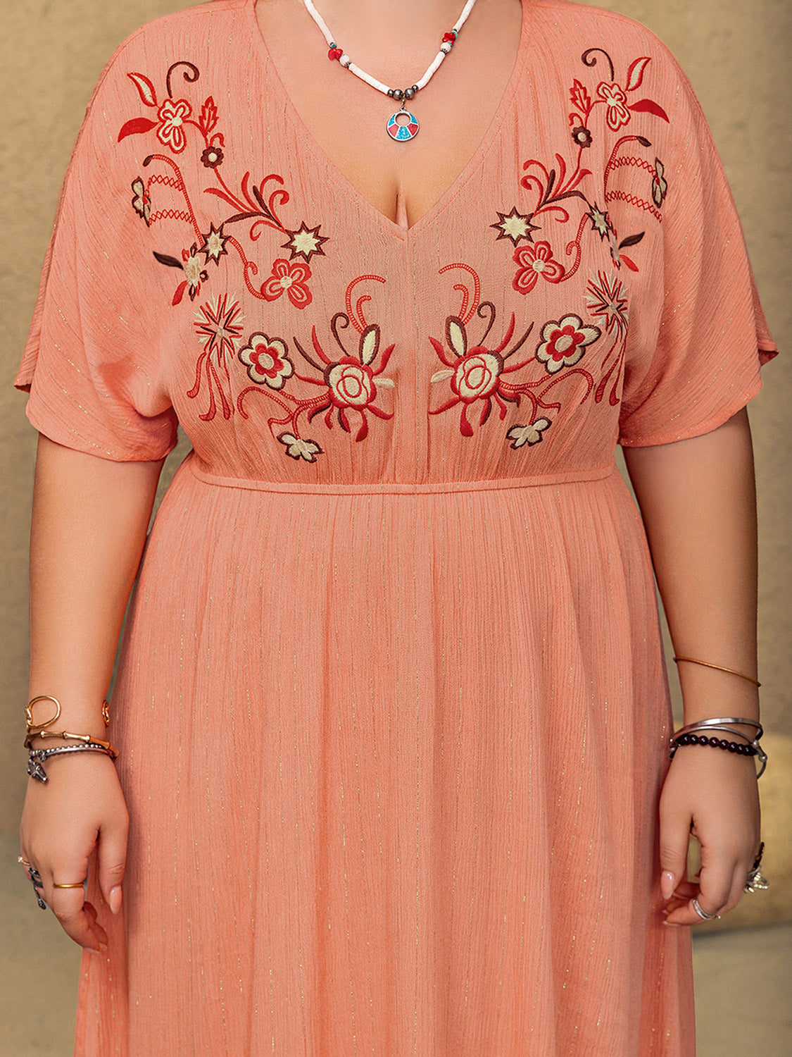 Plus Size Frill Embroidered V-Neck Half Sleeve Maxi Dress