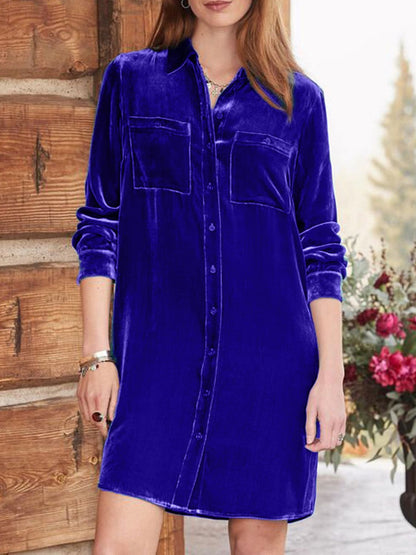 High-Low Button Up Long Sleeve Knee Length Dress