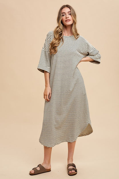 Annie Wear Striped Round Neck Terry Midi Dress