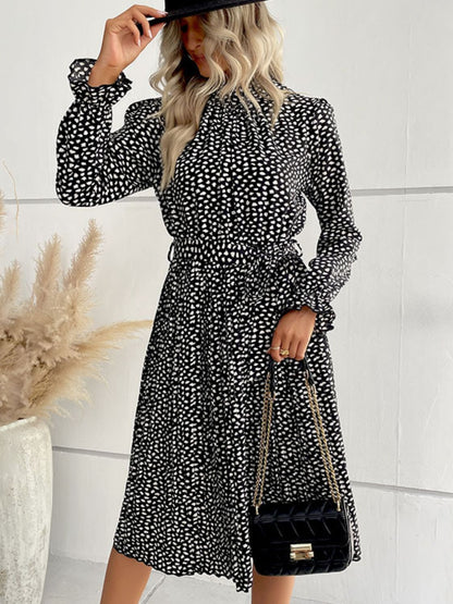 Perfee Printed Tie-Waist Flounce Sleeve Keyhole Midi Dress