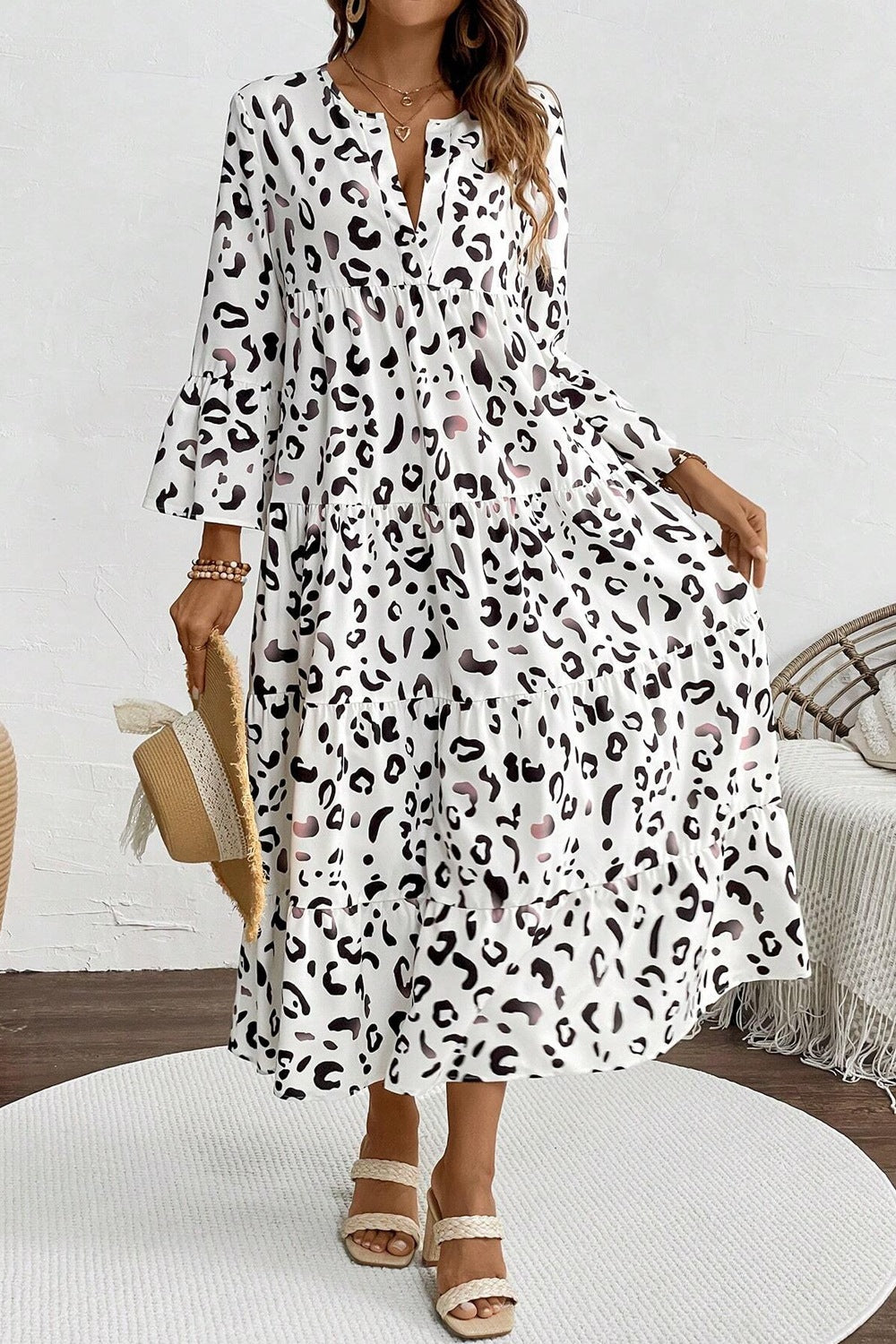 Leopard Notched Long Sleeve Dress