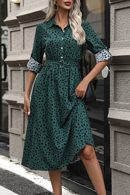 Perfee Printed Belted Long Sleeve Midi Dress