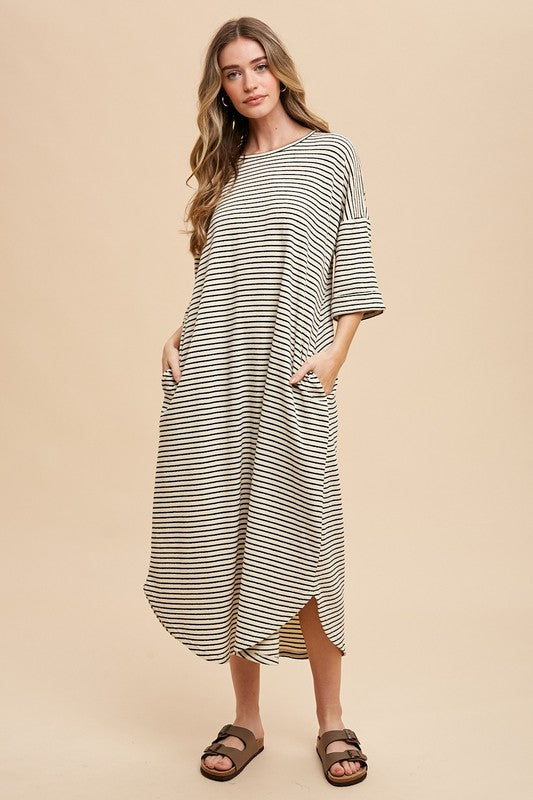 Annie Wear Striped Round Neck Terry Midi Dress