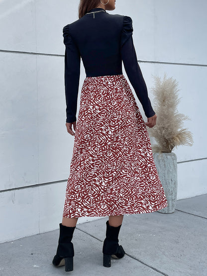 Perfee Printed Mock Neck Puff Sleeve Midi Dress