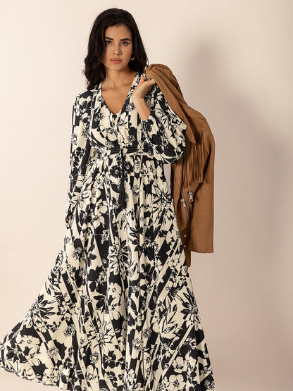 Tied Printed V-Neck Long Sleeve Midi Dress