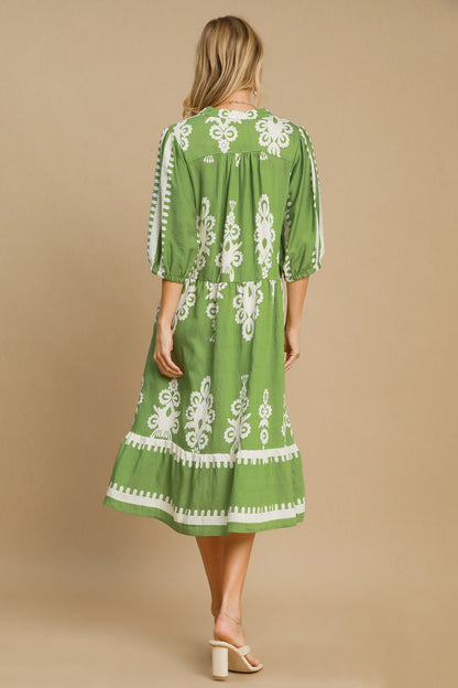 Umgee Printed Notched Midi Dress