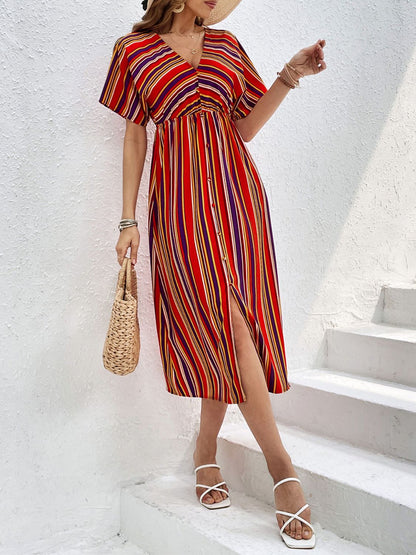 Perfee Slit Striped V-Neck Short Sleeve Midi Dress