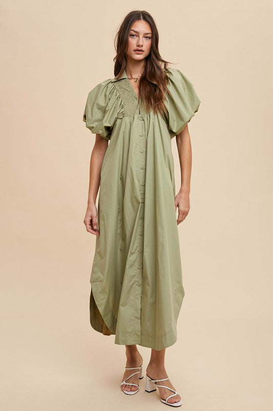 Annie Wear Smocked Puff Sleeve Midi Dress