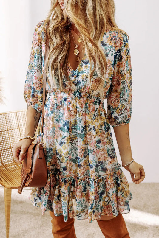 Printed V-Neck Half Sleeve Dress