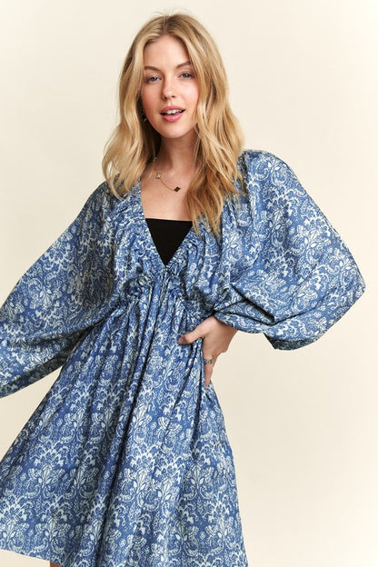 ADORA Printed V-Neck Batwing Sleeve Mini Dress