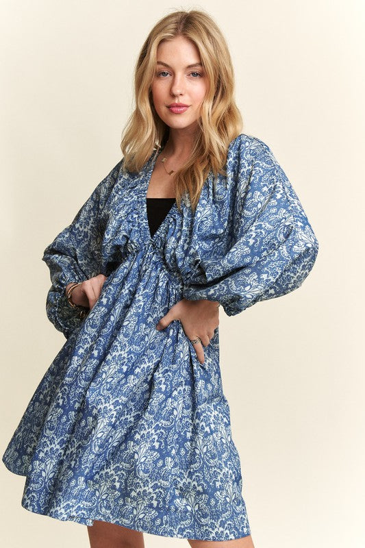 ADORA Printed V-Neck Batwing Sleeve Mini Dress