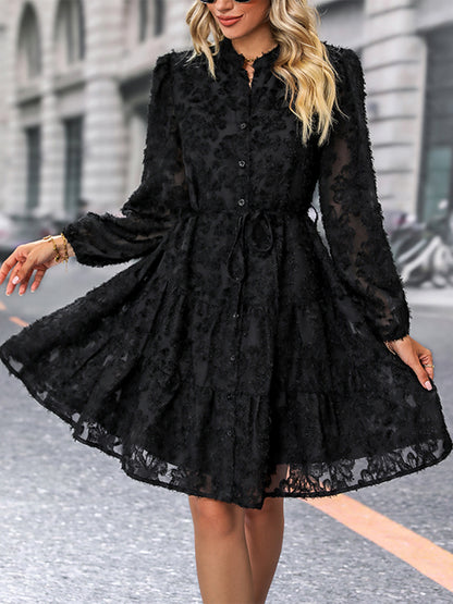 Perfee V-Neck Long Sleeve Buttoned Dress