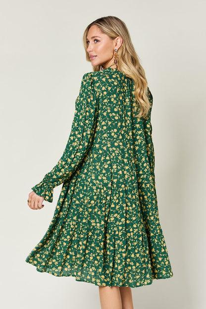 Double Take Full Size Printed Ruffle Hem Long Sleeve Tiered Dress