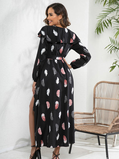 Printed Tie Front Ruffle Trim Long Sleeve Dress