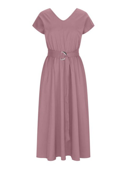 Ruched V-Neck Cap Sleeve Dress