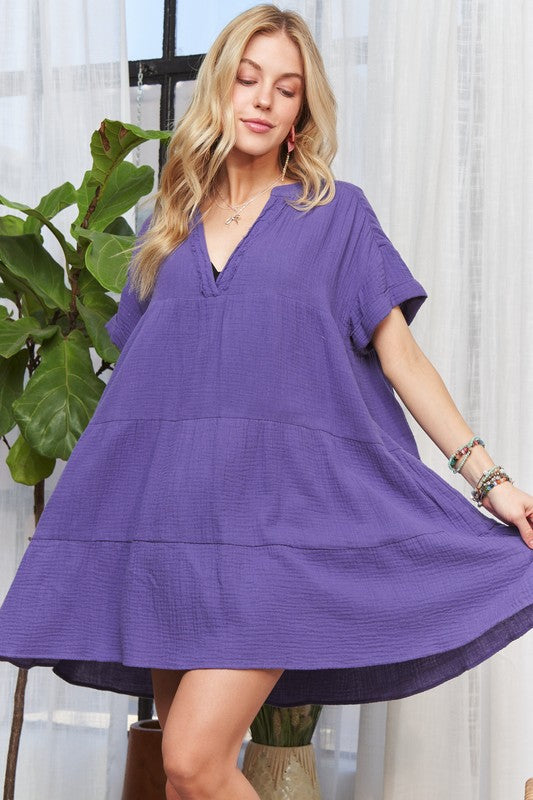 ADORA Tiered Notched Short Sleeve Dress