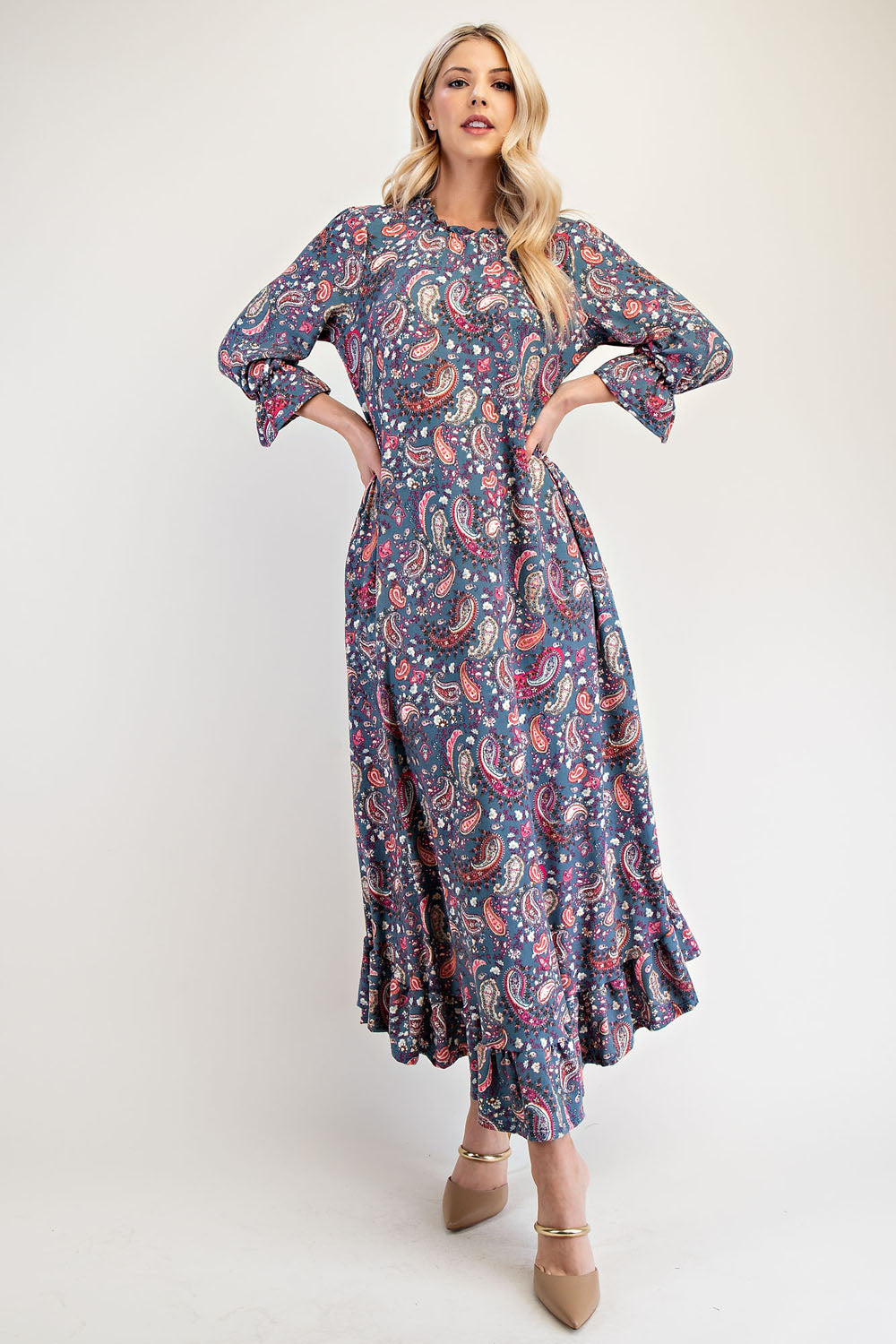 Celeste Full Size Ruffle Hem Paisley Round Neck Dress