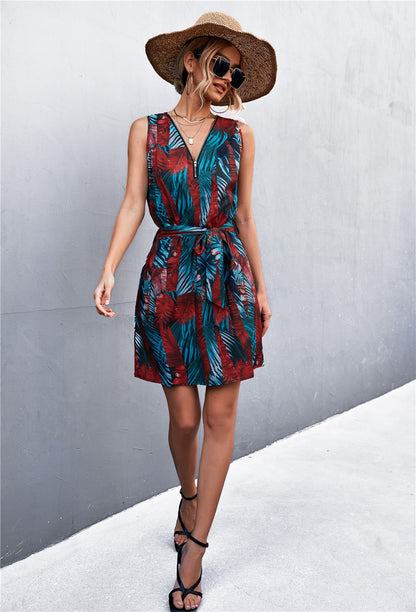 Printed Zip Detail Belted Sleeveless Dress