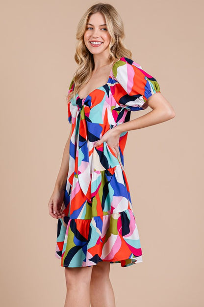 Ces Femme Abstract Print Sweetheart Neck Puff Sleeve Dress