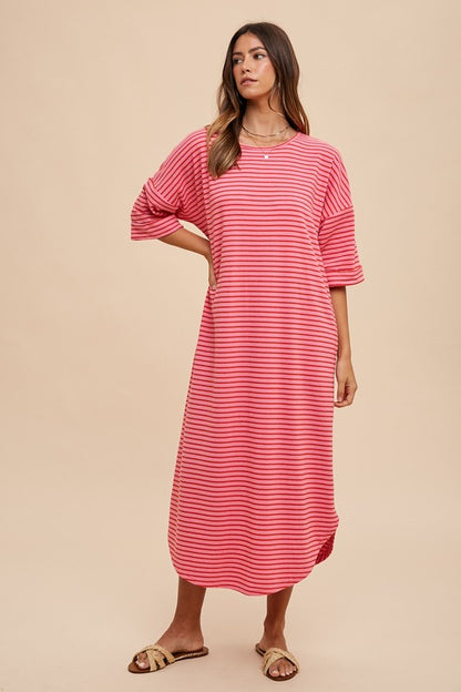 Annie Wear Striped Round Neck Terry Midi Dress