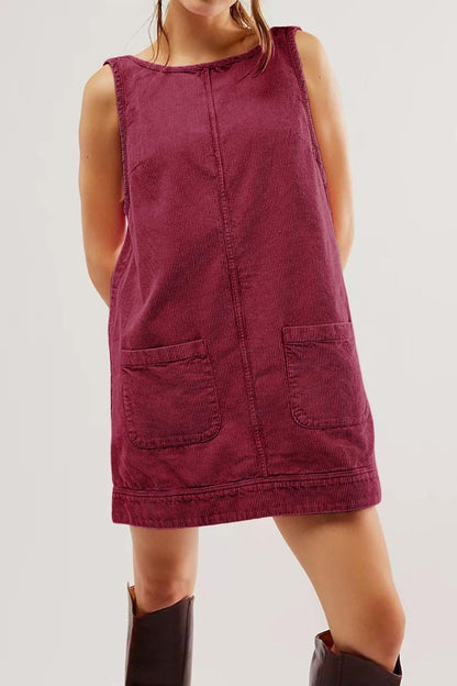 Round Neck Wide Strap Corduroy Mini Dress